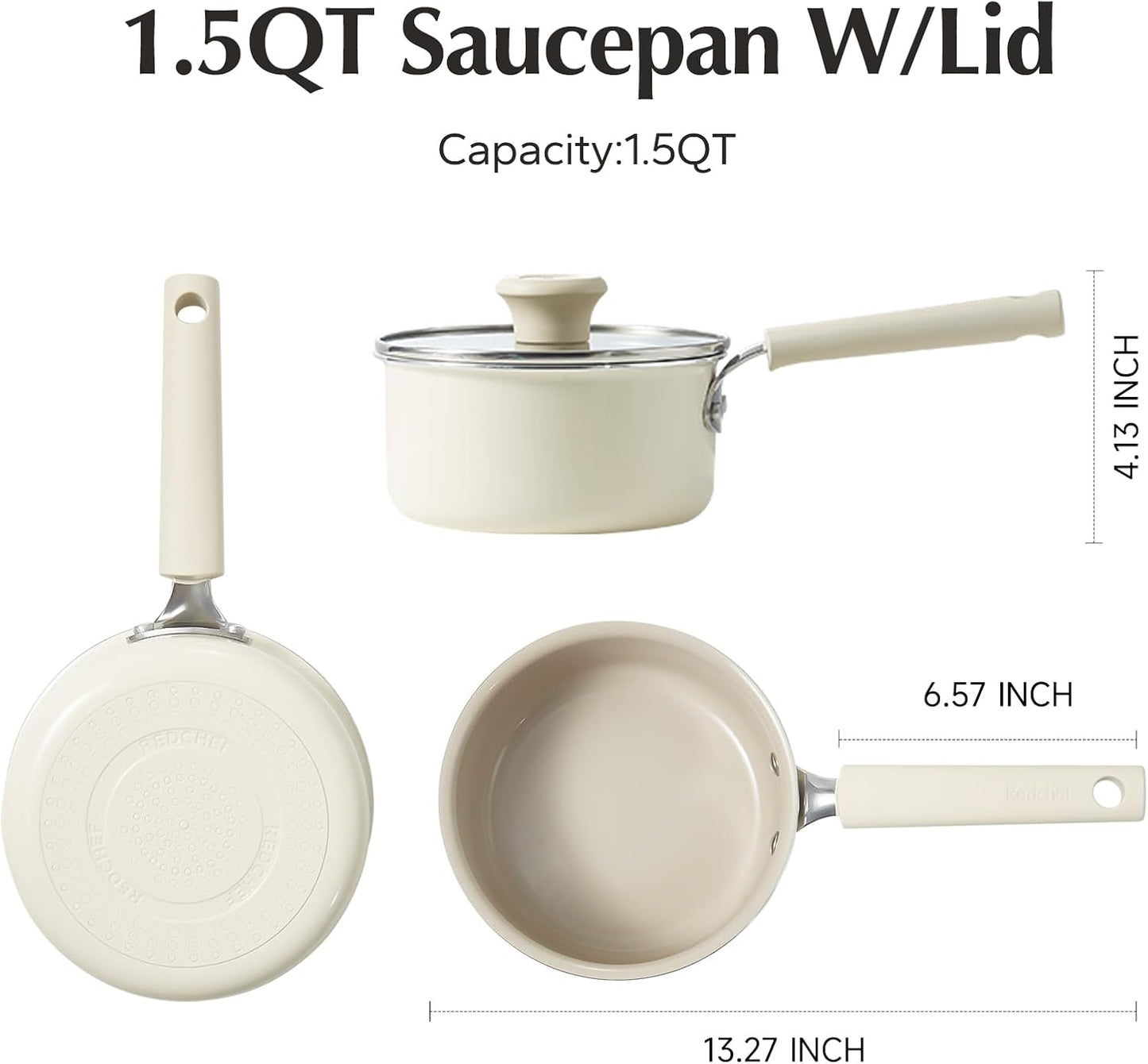 Redchef Ceramic Nonstick Saucepan - 1.5QT Small Cooking Pot with Lid | PFAS-Free, Cool Handle, White