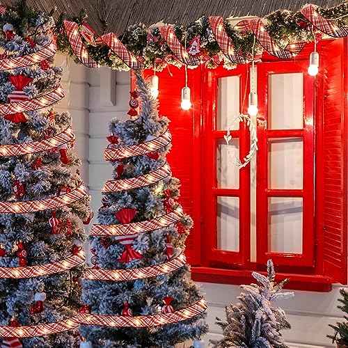 Christmas Ribbon Lights Christmas Lights 16.4 ft Glow Christmas Tree Ribbon Battery Operated Indoor String Lights for Outdoor Xmas Holiday Party Wedding Garland Lighted Decoration (Red Stripe)