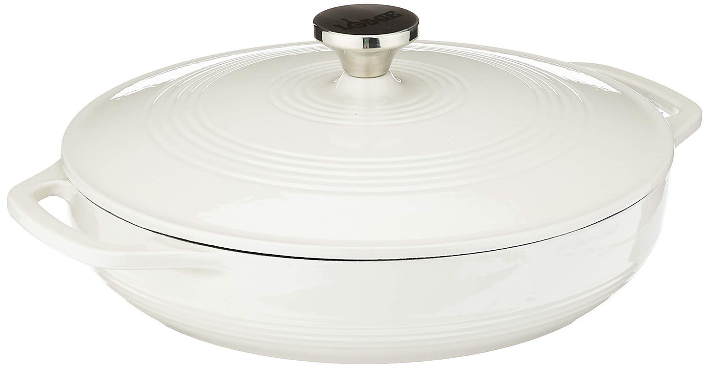 Lodge 3.6 Quart Enameled Cast Iron Round Casserole With Lid– Dual Handles – Oven Safe up to 500° F or on Stovetop - Use to Marinate, Cook, Bake, Refrigerate and Serve – Oyster White