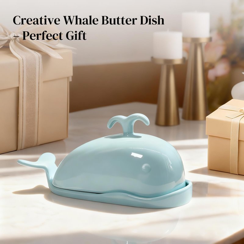 DOWAN Whale Butter Dish, Cute Butter Dish, Funny Gifts for Mom Wife Friends, Fish Bone Cutting Measuring Lines and Tail Non-slip Design, Ideal Decor Gift for Birthday Wedding Housewarming, Turquoise