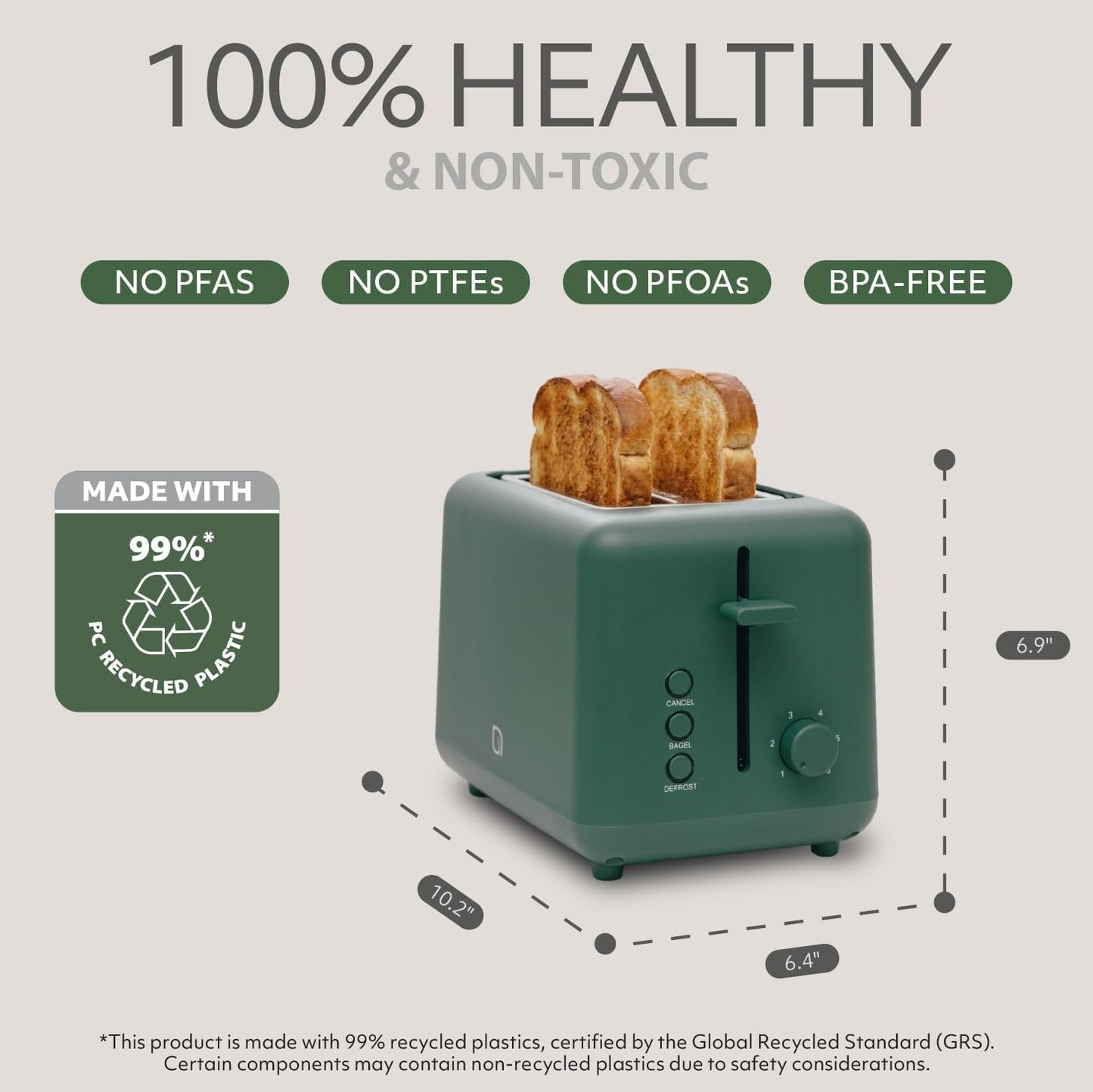 WILLOW Eco Series 2-Slice Toaster - Extra-Wide Slots for Bagels & Artisan Bread, 6 Shade Settings