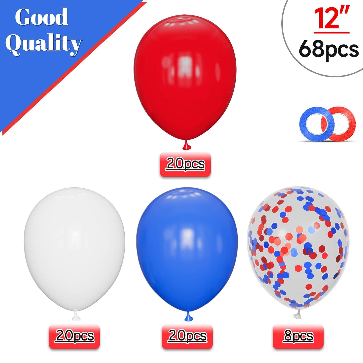Red White Blue Latex Balloons 68 Pack, 12 Inch Patriotic Balloons with Confetti, Party Decorations for 4th of July, Independence Day, Graduation, Birthday, Air Helium Fill.