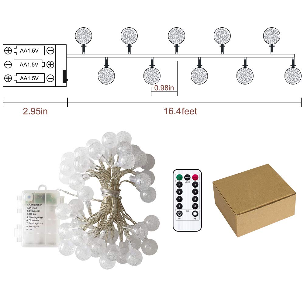 Metaku Globe String Lights Fairy Lights Battery Operated 16.4ft 50LED String Lights with Remote Waterproof Indoor Outdoor Hanging Lights Decorative Christmas Lights for Home Party Patio Garden Wedding