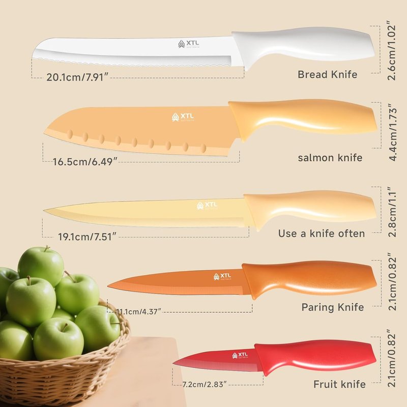 XTL 5-Piece Kitchen Knife Set with Matched Blade Guards, Stainless Steel Knife Set With Nonstick Ceramic Coating, Dishwasher Safe, Rustproof, 5 Knife Set for Kitchen Cooking, Cutting & Chopping
