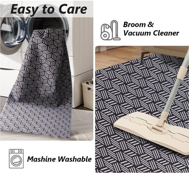 Area Rug Non Slip, 3FT x 5FT Hallway Washable Runner Rug Indoor Outdoor Rubber Back Carpet Mat for Kitchen Entryway Laundry Room Foyer Balcony Living Room, Black and White