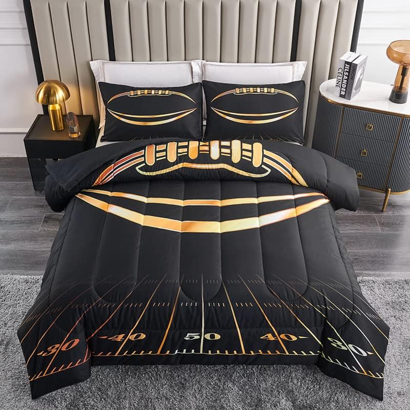 Football Comforter Sets,6 PCS Football Bedding Set,Kids Comforter Sets for Boys,Twin Black and Gold Bed Sets for Boys,Bed in A Bag with Sheets