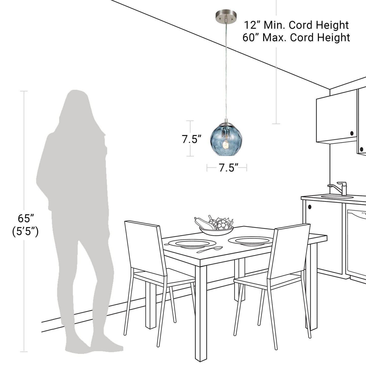 Catalina Lighting 69" Contemporary Small Hammered Glass Mini Pendant Ceiling Light, Blue, Classic Modern Kitchen Hanging Light