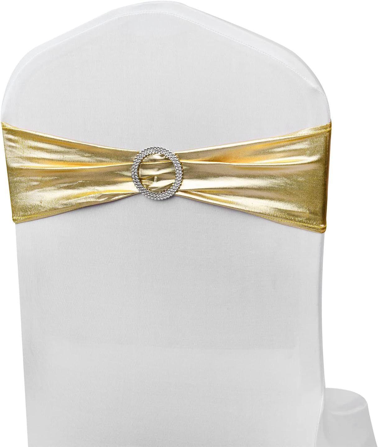 Spandex Gold Chair Sashes - 50 Pack Stretch Bands with Buckles for Wedding & Event Decor - Metal Gold