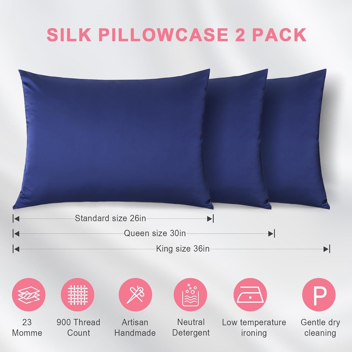 Skiennix 100% Silk Pillowcase Set - Luxurious 23 Momme Grade 6A+ Mulberry Silk | Navy Blue, Standard 20×26