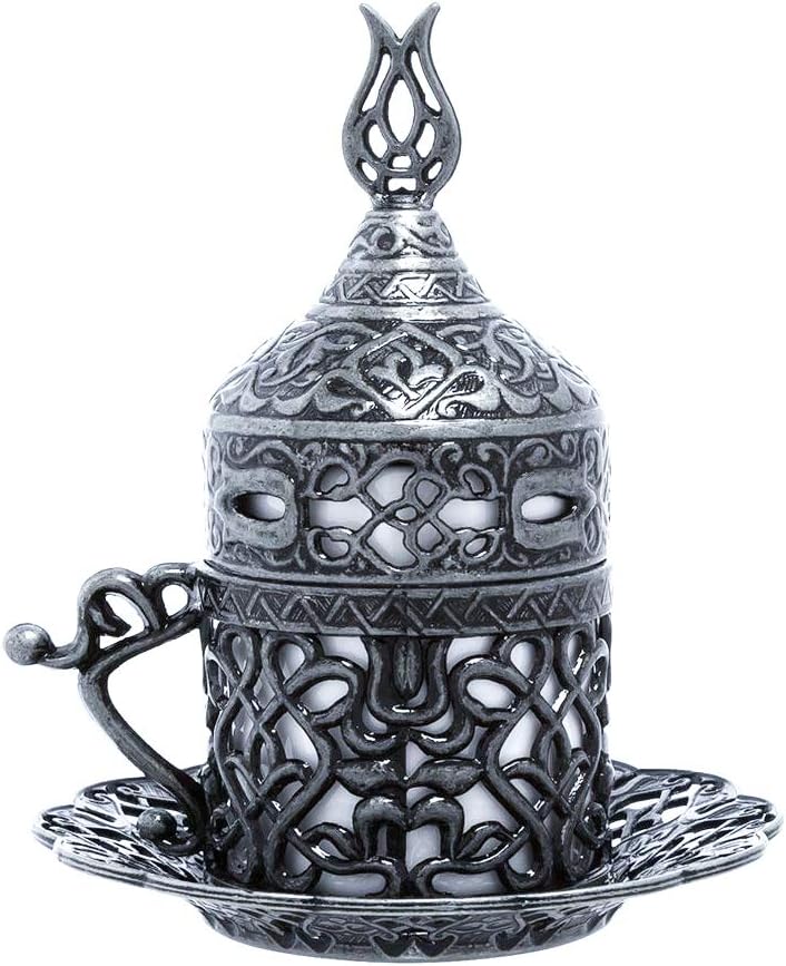 Alisveristime Turkish Coffee Set for Two - Authentic Ottoman Style Cups, Saucers, and Serving Tray with Lale Motifs (Acur) (Copper)
