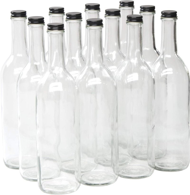 North Mountain Supply 750ml Clear Glass Bordeaux Wine Bottle Flat-Bottomed Screw-Top Finish with Black Metal Lids - Case of 12