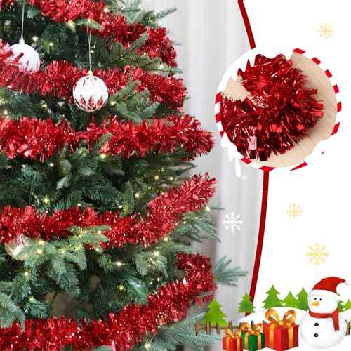 33Ft Red Christmas Tinsel Garland,Shiny Metallic Tinsel Twist Hanging Garland for Xmas Tree Wedding Home and Party Decoration