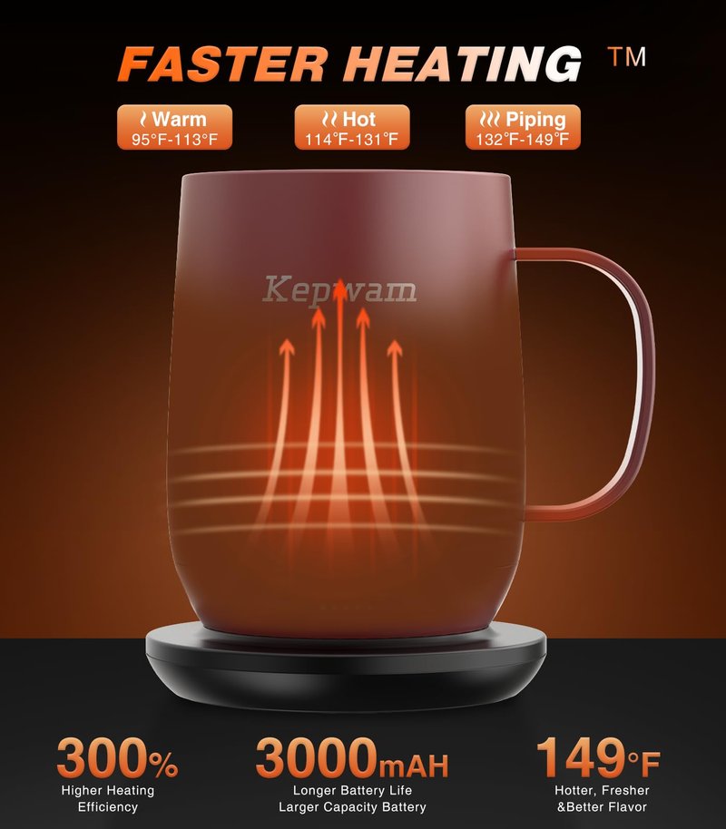 Kepwam Self Heating Coffee Mug T2, 16oz Smart Heated Coffee Mug, 150 Min Battery Life - Hot up to 149℉ Temperature Control Coffee Mug Warmer, Gifts for Dad Mom (No APP)
