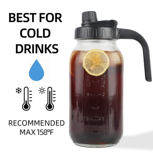 Glass Mason Jar Pitcher with Lid - 2 Quart (64 oz) Wide Mouth Water Jug, Set of 2 - BPA-free, Leak Proof - Sun & Iced Tea Pitcher, Cold Brew Coffee, Breast Milk Storage, Juice, Drink