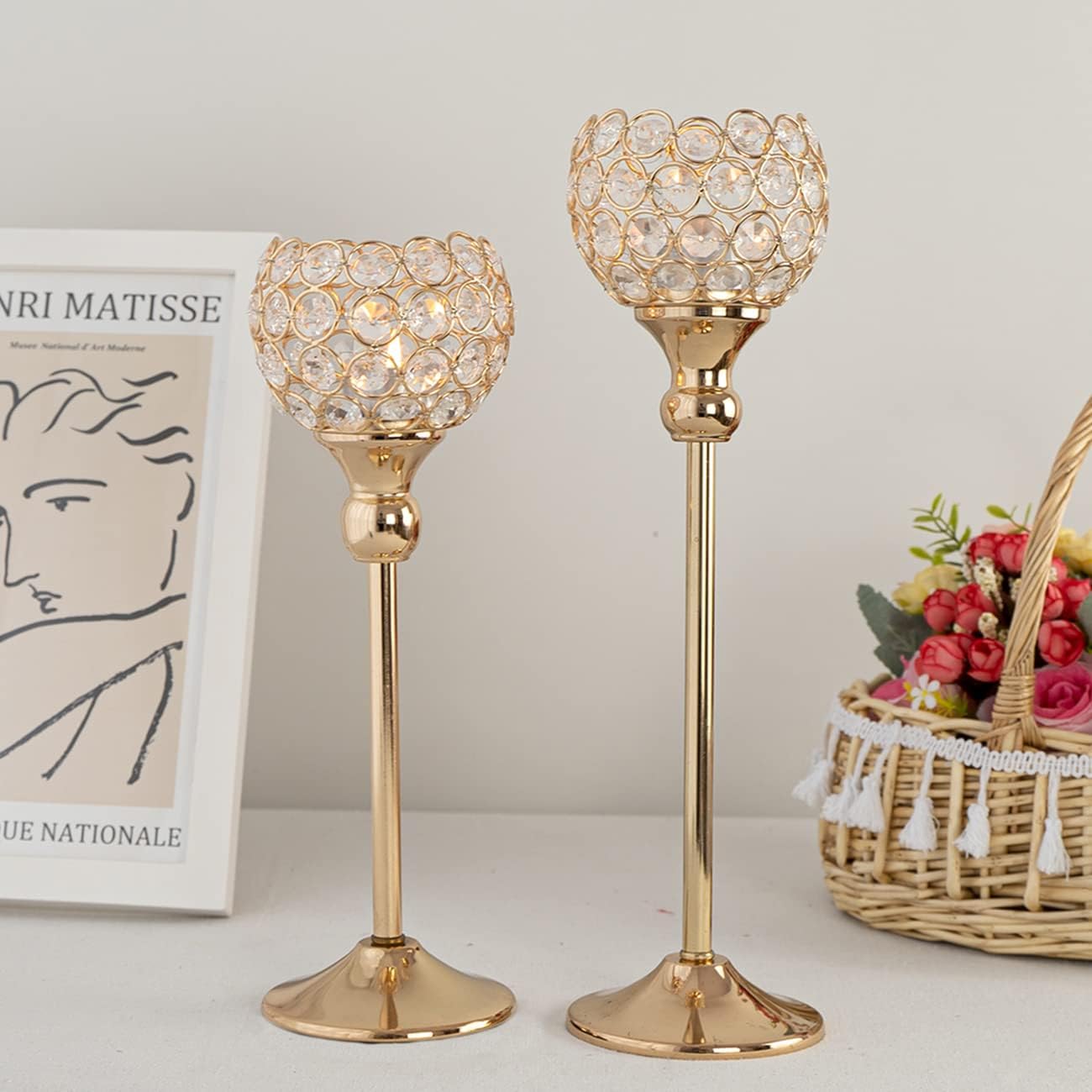 Gold Crystal Candle Holders Set of 2 - Elegant Pillar Candlesticks for Weddings & Home Decor