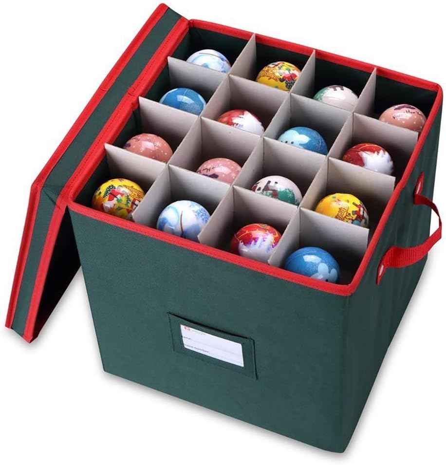 Christmas Ornament Storage Box - Holds 64 Ornaments, 4 Trays & Dividers, Durable 600D Oxford - Holiday Decoration Organizer (Green)