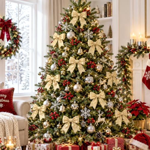 KINGLAKE Champagne Glitter Christmas Tree Bows - 12 Pack, 6 x 7 Inch Holiday Decor