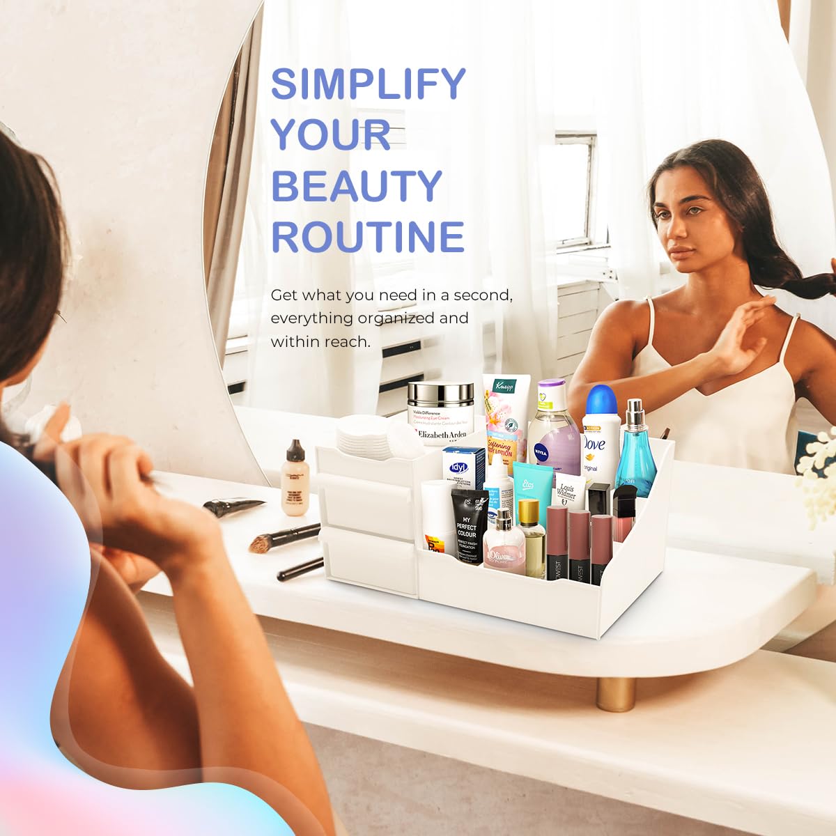 Mantello Makeup Organizer for Vanity, White Cosmetics Organizer, Cosmetic Organizer for Makeup and Toiletries, Make Up Organizers and Storage for Vanity's