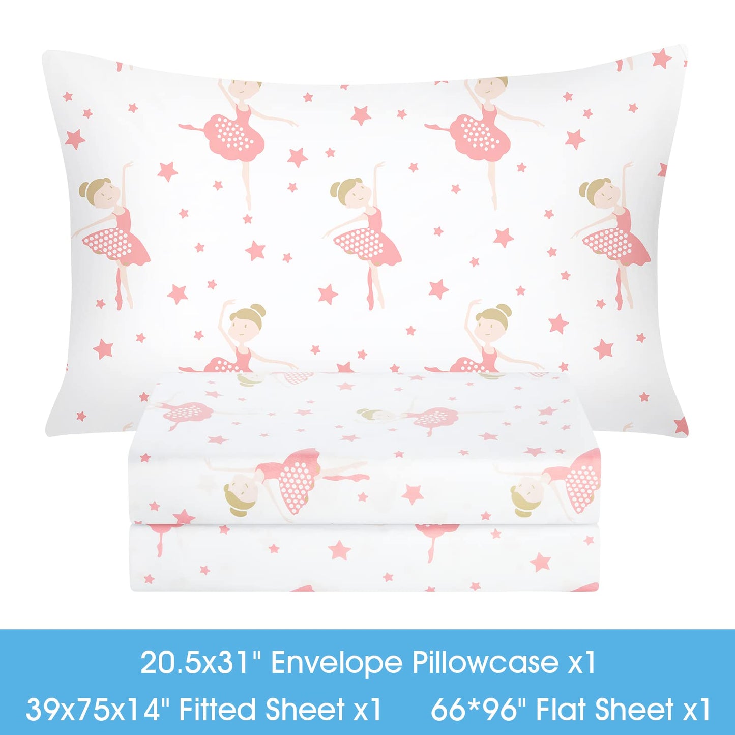 BYSURE Twin Sheets Set Kids(Ballerina, Pink), 3 Pieces Easy Fit Deep Pocket Sheets Set, Breathable Wrinkle-Free Microfiber Bedding for Children