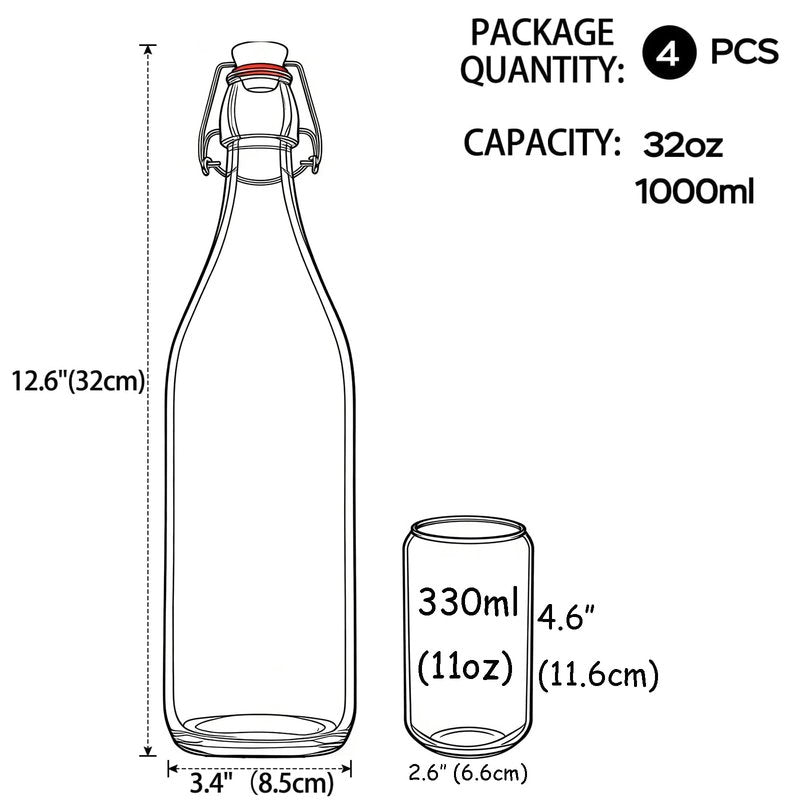 ZEBEIYU 32oz Beer Bottle,Swing Top Glass Kombucha Bottles with Stoppers for Brewing, Beverages, Smoothies, Kefir, Beer, Soda, Juicing, Kombucha, Oil, Water, Milk, Vinegar(4 Pack)