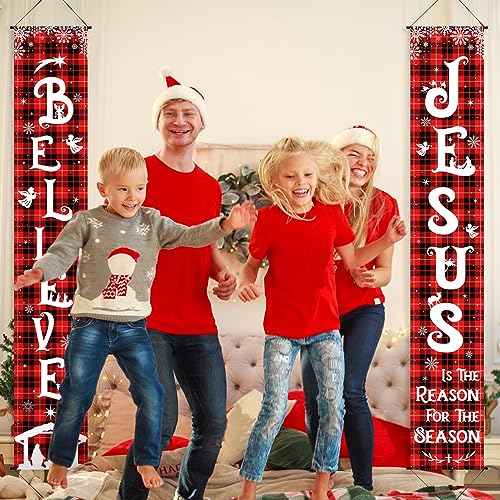 Tiamon Christmas Front Porch Banners Winter Religious Nativity Scene Sign Holiday Hanging Banner Xmas Decoration for Front Door Believe Jesus Is the Reason for the Season 12 x 71 Inch