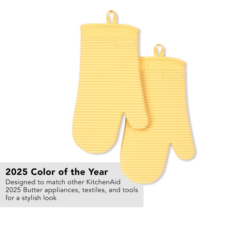 KITCHENAID Ribbed Soft Silicone Oven Mitt 2-Pack Set, 7.5"x13", Butter Yellow