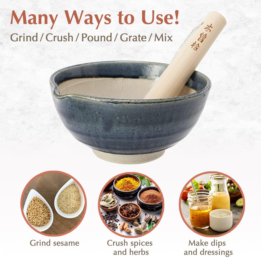 TIKUSAN Ceramic Ripple Ridge Mortar & Pestle (Suribachi & Surikogi) Set with Spout Made in Japan Mino Ware (Medium Black)