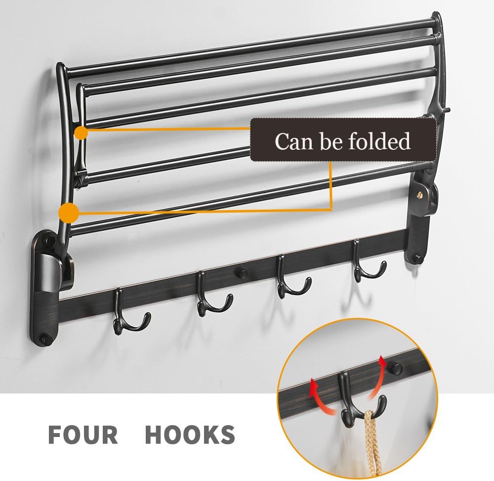 BESy 24 Inch Brushed Nickel Towel Racks, Bathroom Towel Shelf with Foldable Towel Bar Holder and Towel Hooks, Wall Mounted Multifunctional Bathroom Accessories, Double Towel Bars