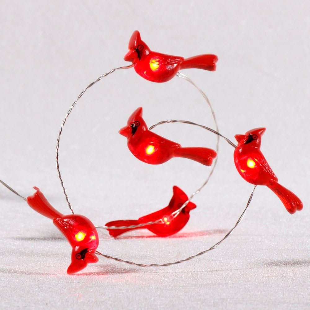 Battery Operated 10ft Christmas Tree Cardinal String Lights - 40 LED Red Snow Bird Ornaments with Remote Timer for Holiday Home Decor