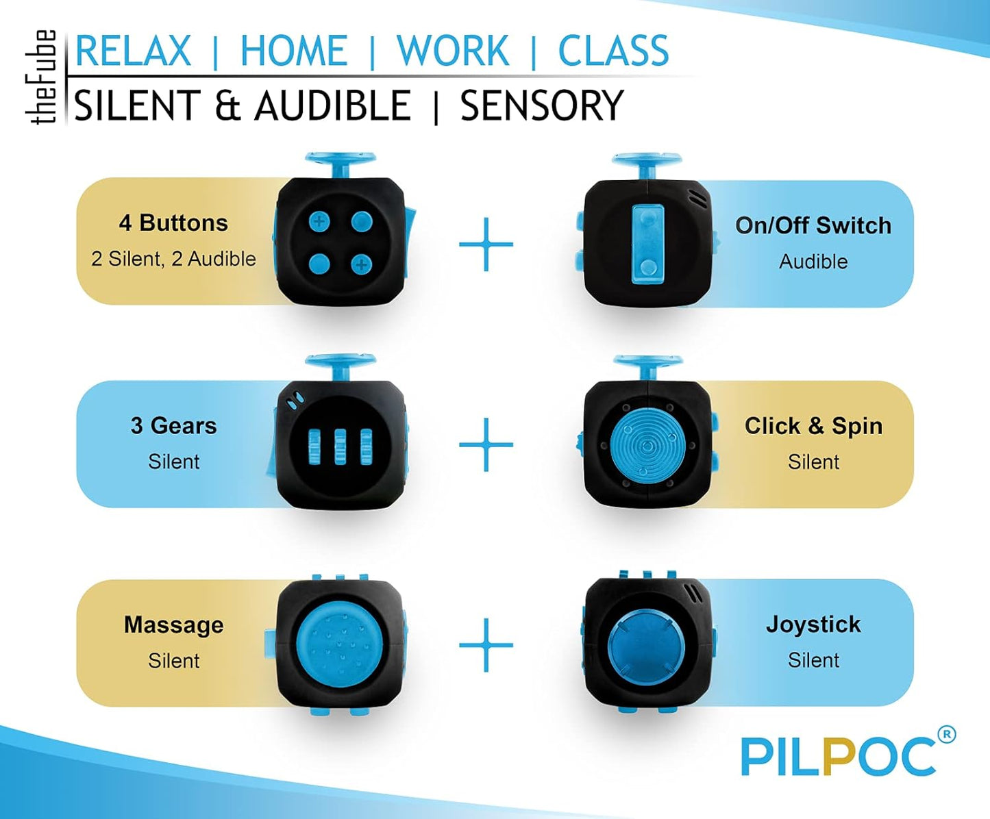 PILPOC Fidget Cube - 6-Sided Stress Relief Toy for Adults & Kids | Boosts Concentration (Midnight)