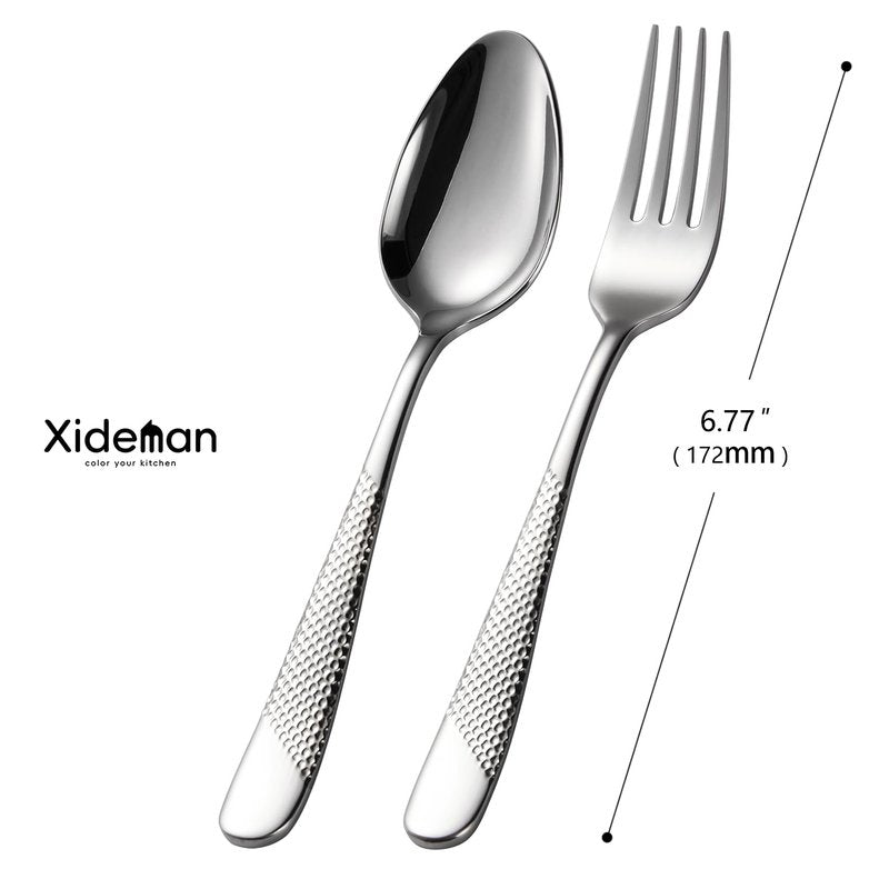 Xideman® 24-Piece Premium Forks and Spoons Silverware Set (6.7 inch), 18/10 Stainless Steel Hammered Flatware Cutlery Set for Home Kitchen and Restaurant - 12 Salad Forks & 12 Teaspoons (Silver)