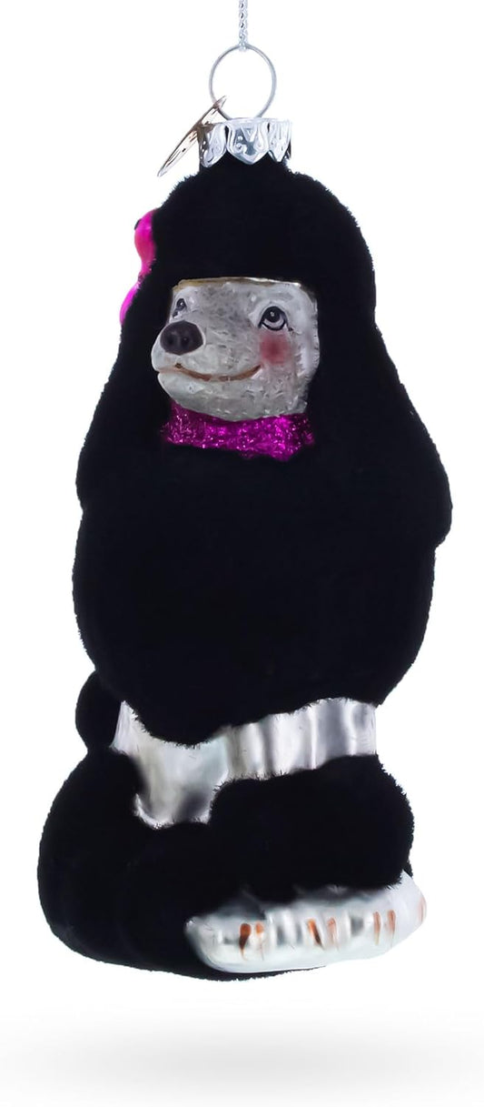 Faux Fur Black Poodle Christmas Ornament - Elegant Glass Holiday Decor