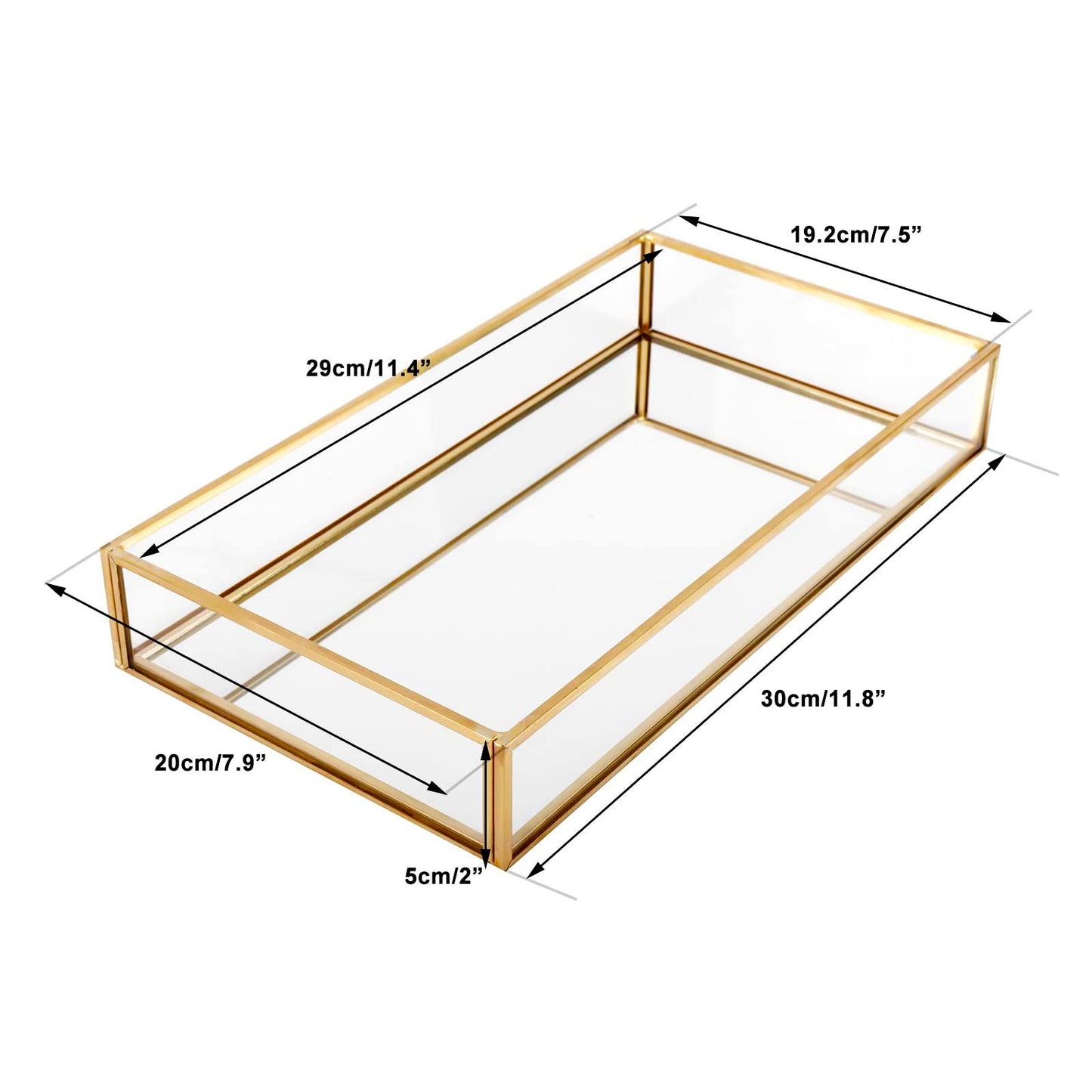 HighFree Rectangle Gold Mirror Tray, Decorative Glass Mirrored Gold Tray, Brass Gold Mirror Perfume Trays for Dresser, Vanity Tray for Cosmetics, Makeup, Trinket,Jewelry(11.8x7.9x2)