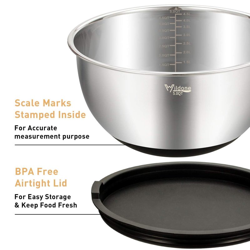 Wildone Mixing Bowls with Airtight Lids Set, 5PCS Stainless Steel Nesting Bowls for Kitchen, with Grater Attachments & Non-Slip Bottoms, Size 5, 3, 2, 1.5, 0.63 QT, Great for Mixing & Serving