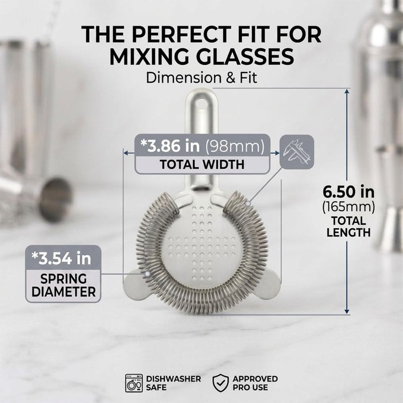 Professional Hawthorne Cocktail Strainer, Food-Grade 304 Stainless Steel Bar Strainer with High-Density Spring, Ergonomic Drink Strainer for Cocktails, Shakers, and Mixing Glasses - Silver