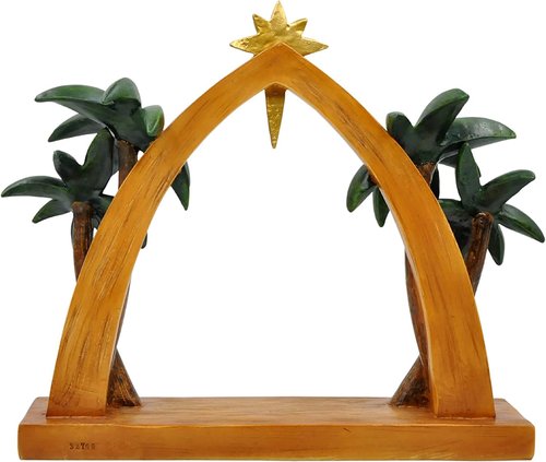 "Comfy Hour 11" Rustic Wood Nativity Stable - Star & Palm Trees | Christmas Figurine Backdrop Decor