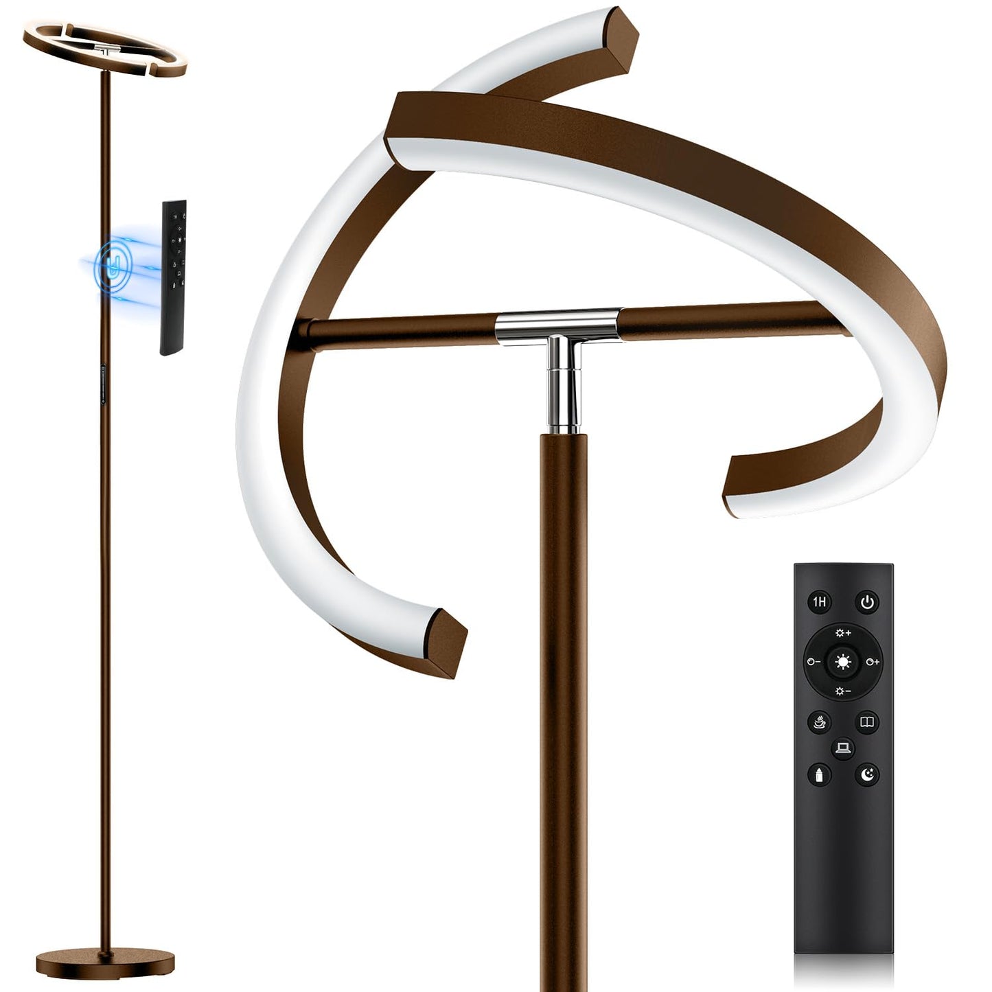 SIBRILLE Brown Floor Lamp, Modern Stepless Dimmable Standing Lamp with Remote Control, 22W 3000-6000K LED Rotatable Floor Light Uplighter Stand up Lamp Tall Lamp for Living Room Bedroom Office