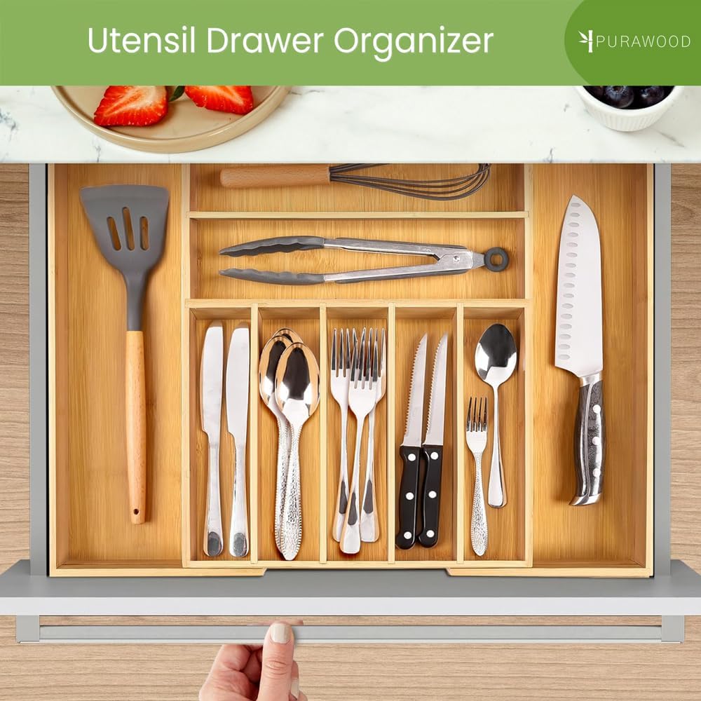 Purawood Bamboo Drawer Organizer - Expandable Cutlery Tray with Dividers | 7-9 Slot Kitchen Utensil Storage (Natural)