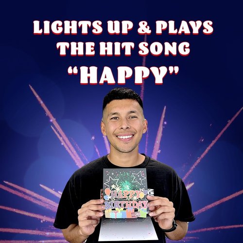 100 GREETINGS Fireworks Pop Up Happy Birthday Card - Singing Celebration Card with Light Show & Music, Unique Musical BDay Message for Women, Men, Mom, Grandma & Grandpa (1 LED)