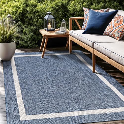 Luul Home 7' x 5' Blue Bordered Outdoor Waterproof Washable Area Rug