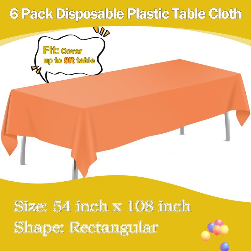 tujol Orange 6 Pack Plastic Table Cloth 54" x 108", Disposable Tablecloths Rectangle Table Cover, Plastic Tablecloths for Parties