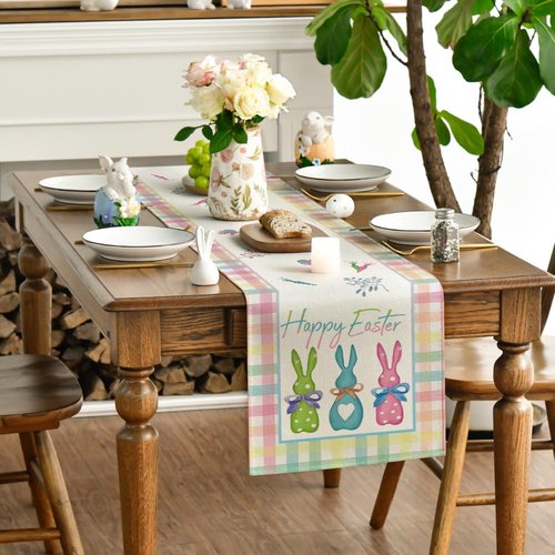 Artoid Mode Green Blue Pink Buffalo Plaid Bunny Happy Easter Table Runner, Spring Kitchen Dining Table Decoration for Home Party Decor 13x72 Inch