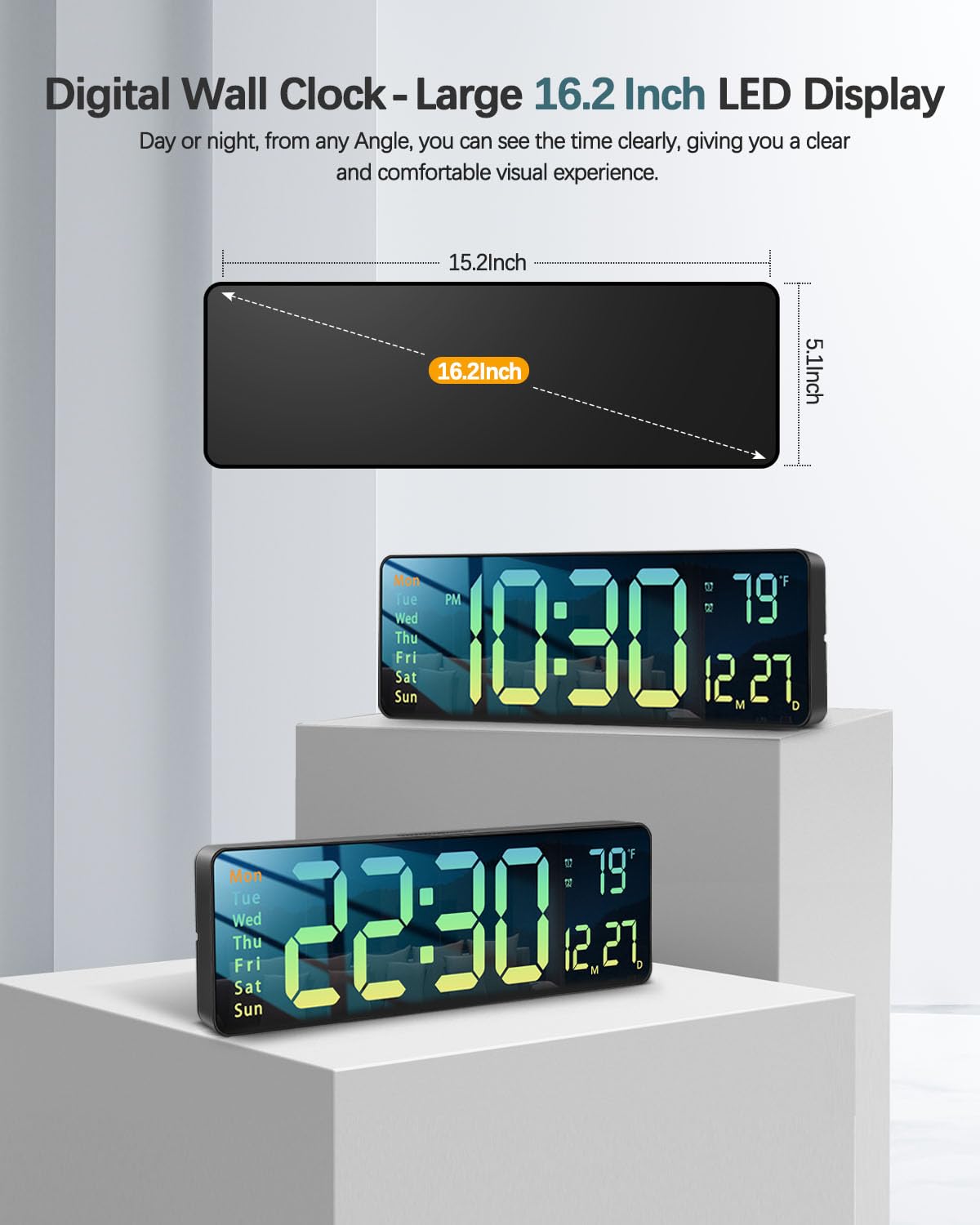 Modern 16" Large Digital Wall Clock with Remote Control, LED Display, Auto-Dimming, Countdown, Temperature, Calendar - 12/24Hr Format - Silent Wall Clock for Home, Office (Gradient Green)