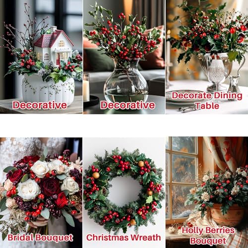 MAQIHAN Artificial Holly Berries - 150 Pcs Christmas Holly Berries Stems for Crafts Faux Holly Berries Artificial Red Holly Berry Stems for Christmas Wreath Christmas Tree Table Kitchen Wall Decor