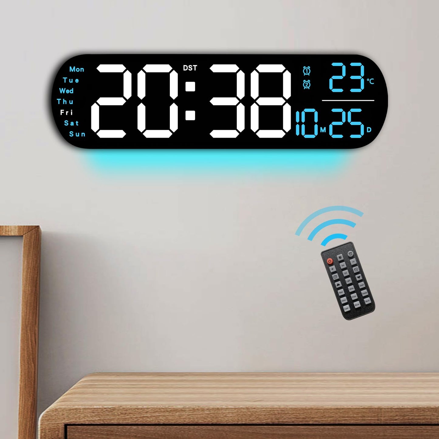 oviouit 14.3" Digital Wall Clock with Remote Control, Large Display, LED Clock for Living Room, Bedroom, Auto-Dimming, 9 Color Night Light, Auto DST, Date, Week, Temperature (Rounded Rectangle-Blue)