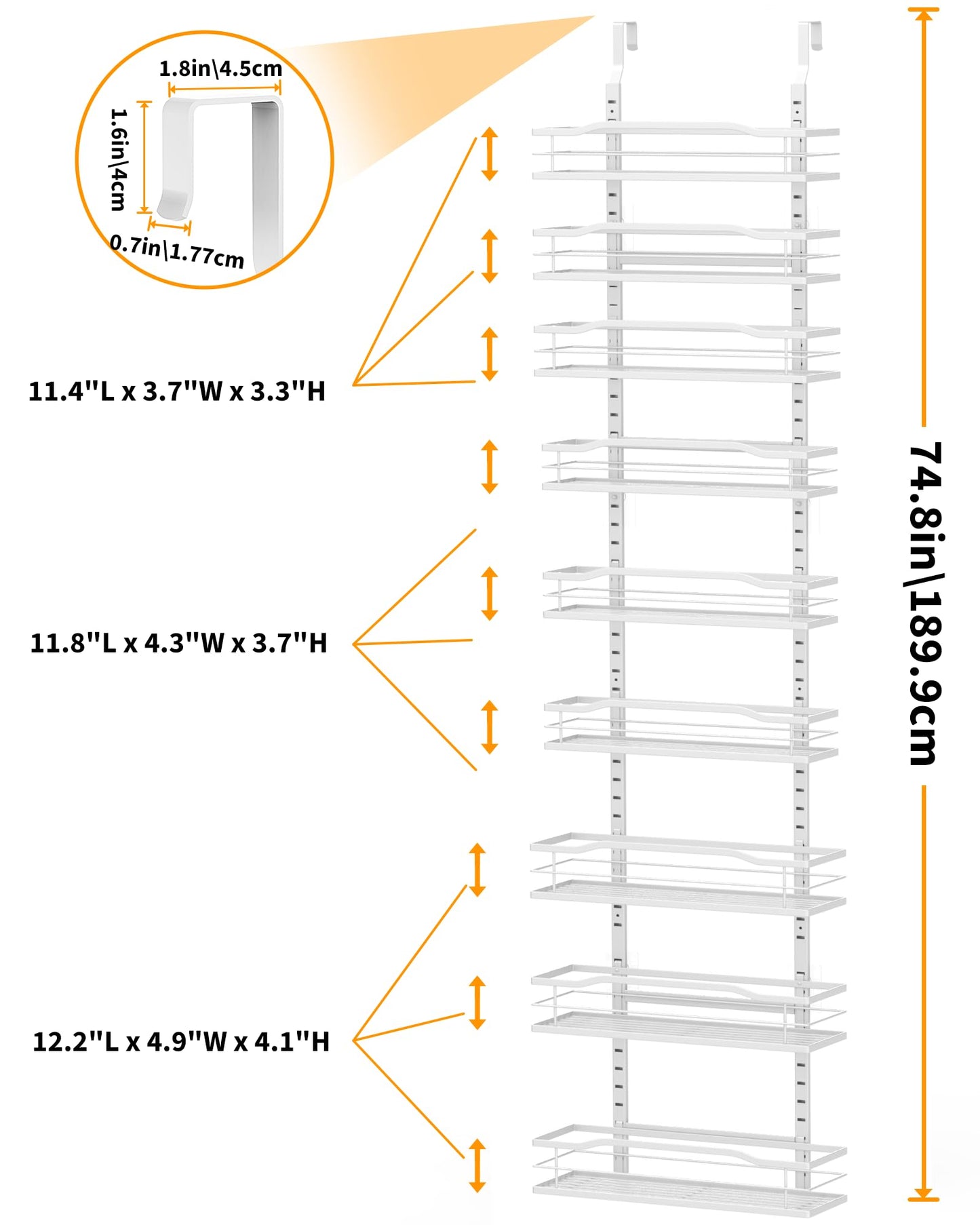 Moforoco White Narrow 9-Tier Over The Door Pantry Organizer, Pantry Organization and Storage, Metal Hanging Basket Wall Spice Rack Seasoning Shelves, 12.2"