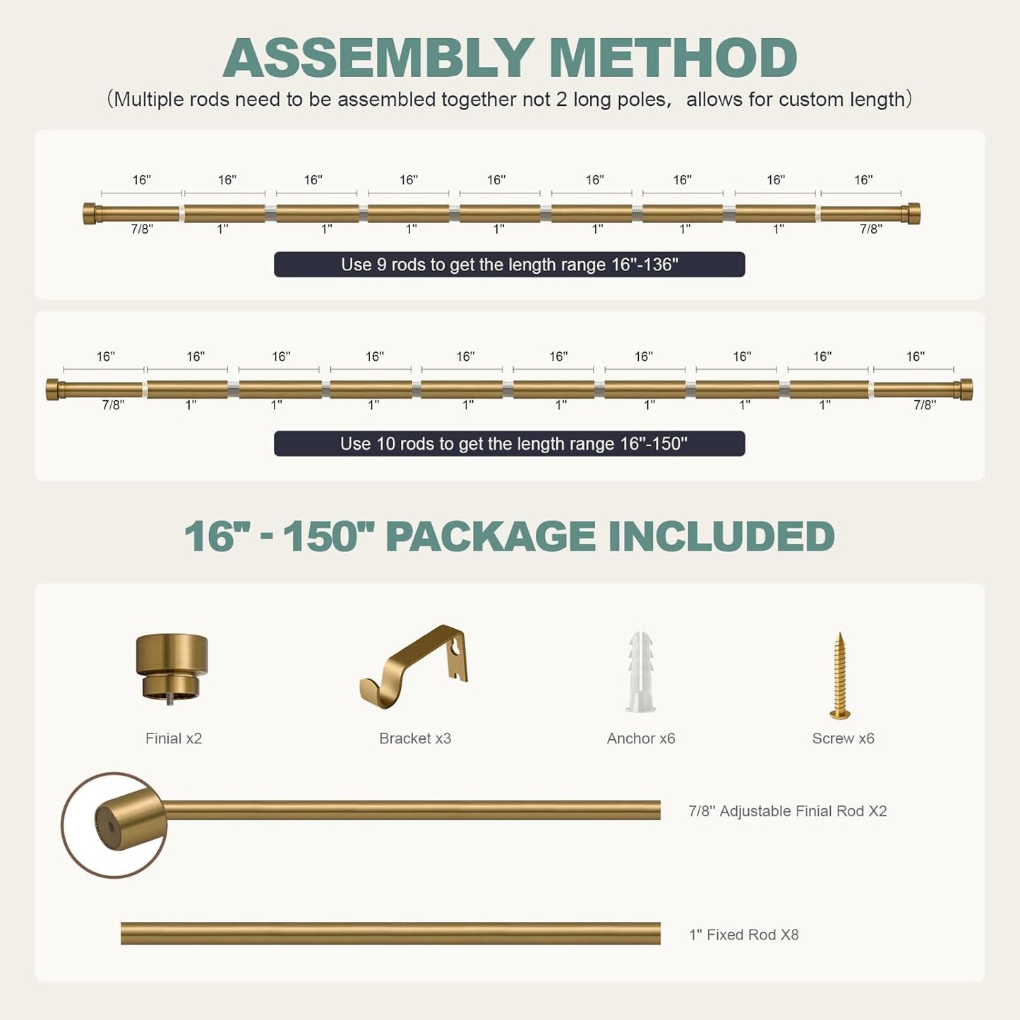Lootkell Adjustable Curtain Rods - Warm Gold Heavy Duty 1" Diameter for Windows 72 to 144 Inches | Solid Metal Finials