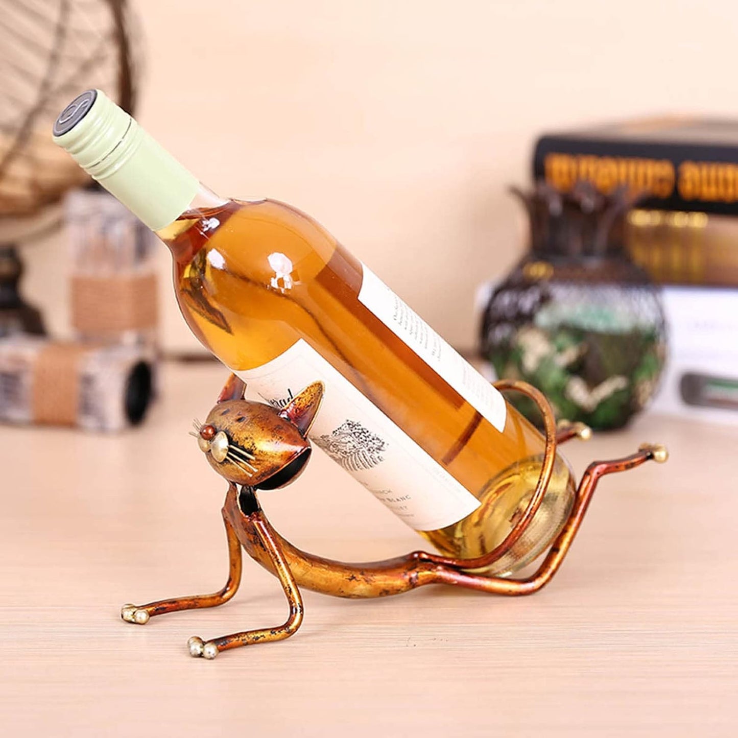 Yoga Cat Metal Sculpture Wine Bottle Holder - Unique Handcrafted Gift for Cat Lovers