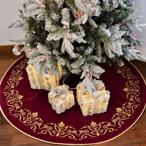 Scritism Burgundy Velvet Christmas Tree Skirt 36 Inch with Gold Embroidery