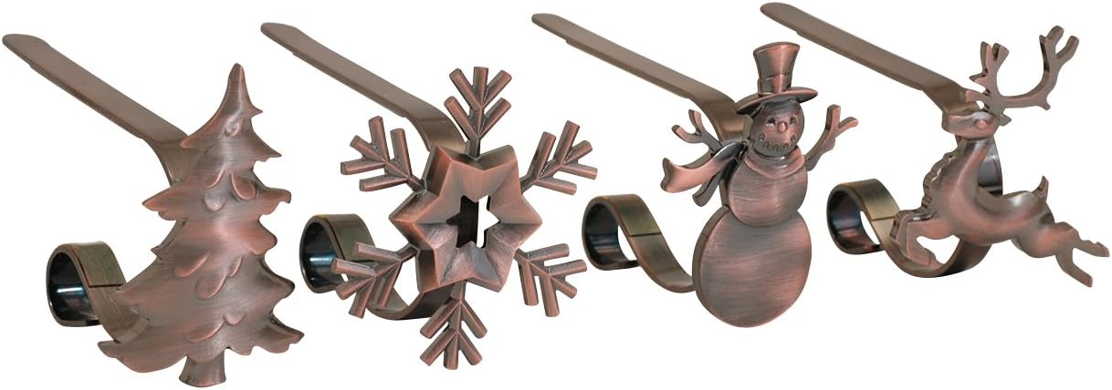 Gold MantleClip Stocking Holders Set - 4-Pack Removable ZINC Alloy Holiday Icons